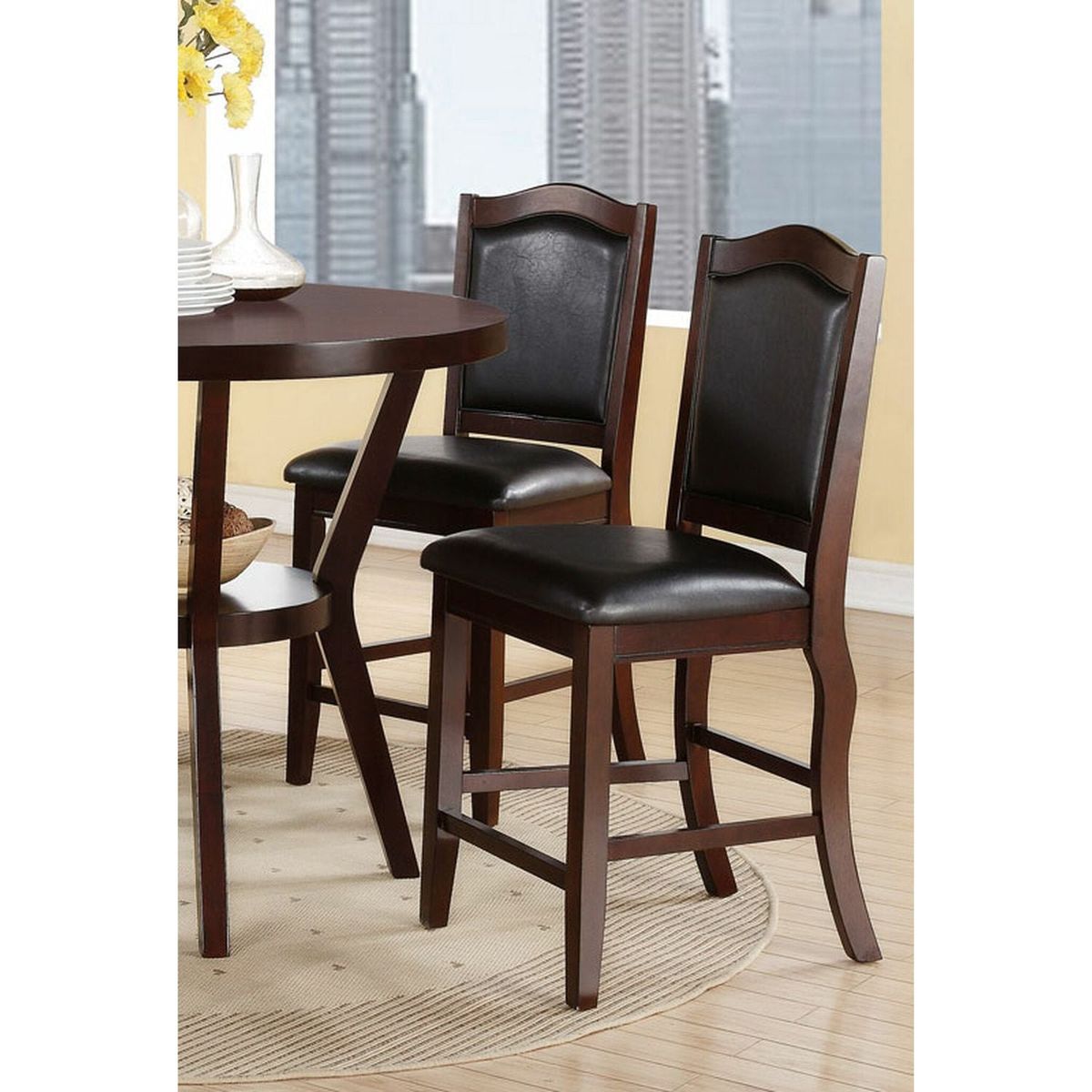 Dark Brown Wood Finish Set of 2 Counter Height Chairs Faux Leather Upholstery Seat Back Kitchen Dining Room Chair