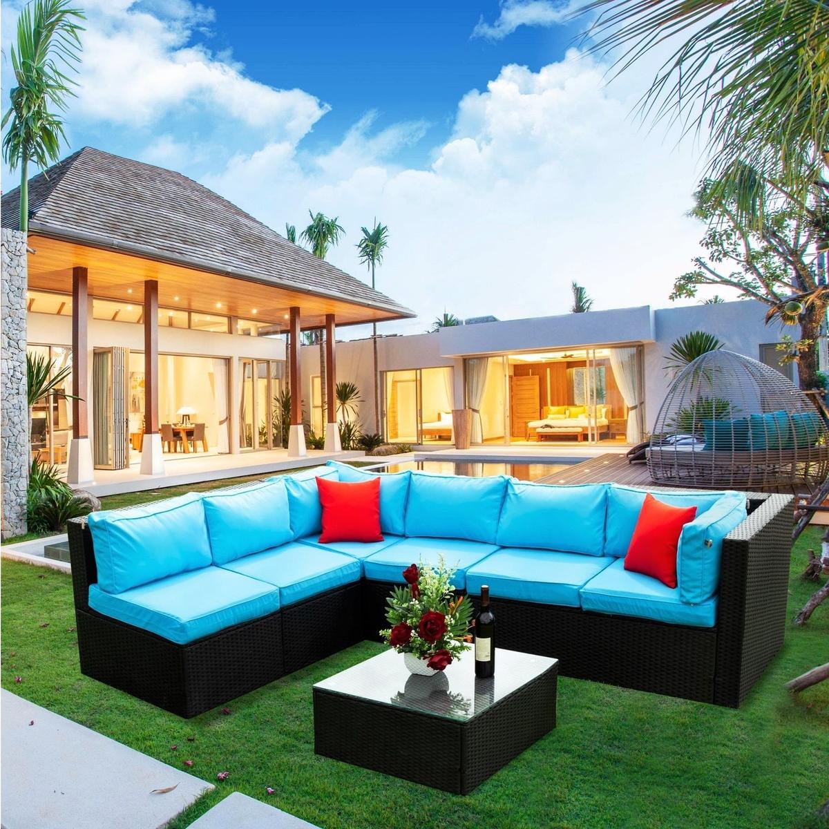 5 Pieces PE Rattan sectional Outdoor Furniture Cushioned U Sofa set with 2 Pillow