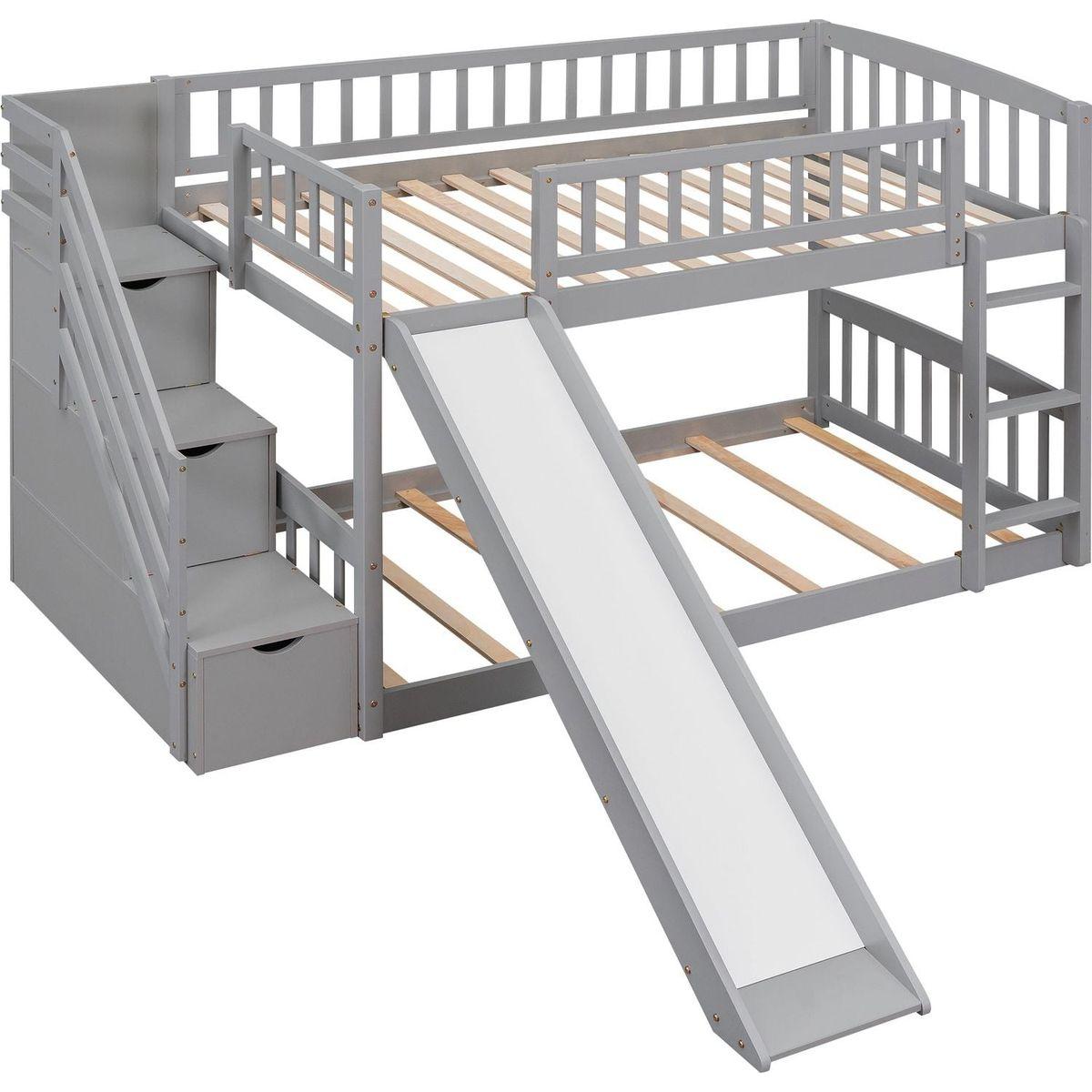 Stairway Twin over Twin Bunk Bed with Two Drawers and Slide, Gray