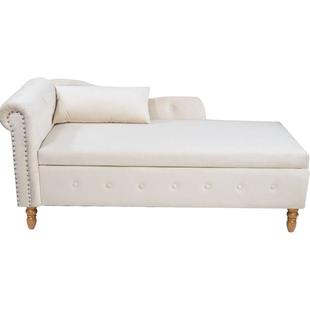 Beige Chaise Lounge Indoor, Velvet Lounge Chair for Bedroom with Storage & Pillow, Modern Upholstered Rolled Arm Chase Lounge for Sleeping with Nailhead Trim for Living Room Bedroom Office