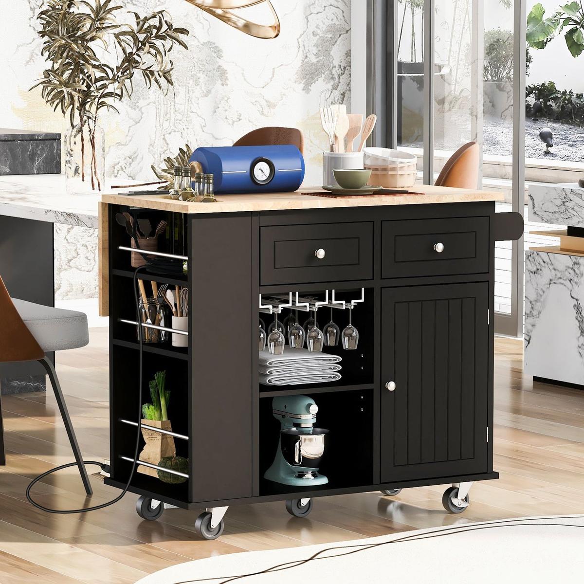 Kitchen Island with Power Outlet,Kitchen Storage Island with Drop Leaf and Rubber Wood,Open Storage and Wine Rack,5 Wheels,with Adjustable Storage for Home, Kitchen, and Dining Room, Black