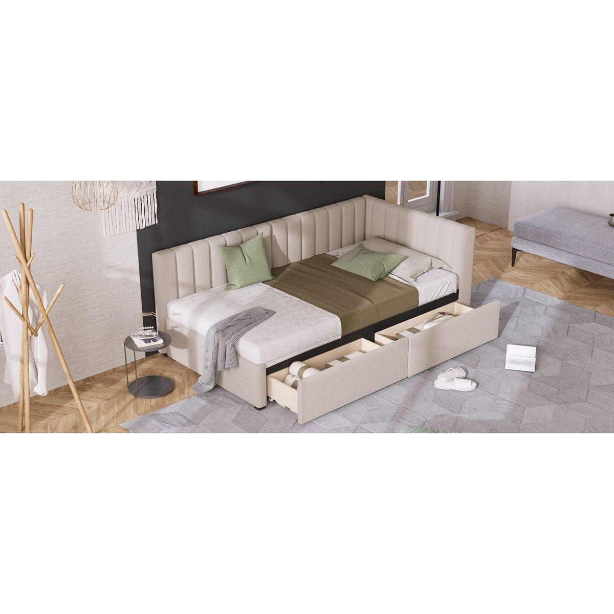 Upholstered Daybed with 2 Storage Drawers Twin Size Sofa Bed Frame No Box Spring Needed, Linen Fabric (Beige)