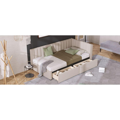 Upholstered Daybed with 2 Storage Drawers Twin Size Sofa Bed Frame No Box Spring Needed, Linen Fabric (Beige)