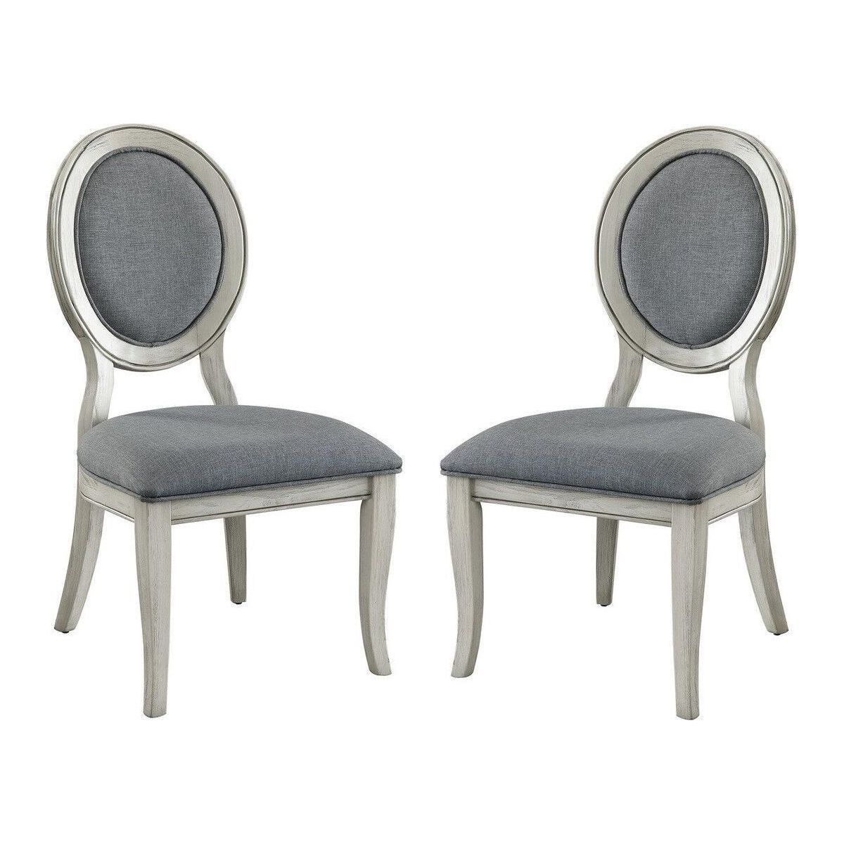 Transitional Antique White and Gray Side Chairs Set of 2 Chairs Dining Room Furniture Padded fabric seat