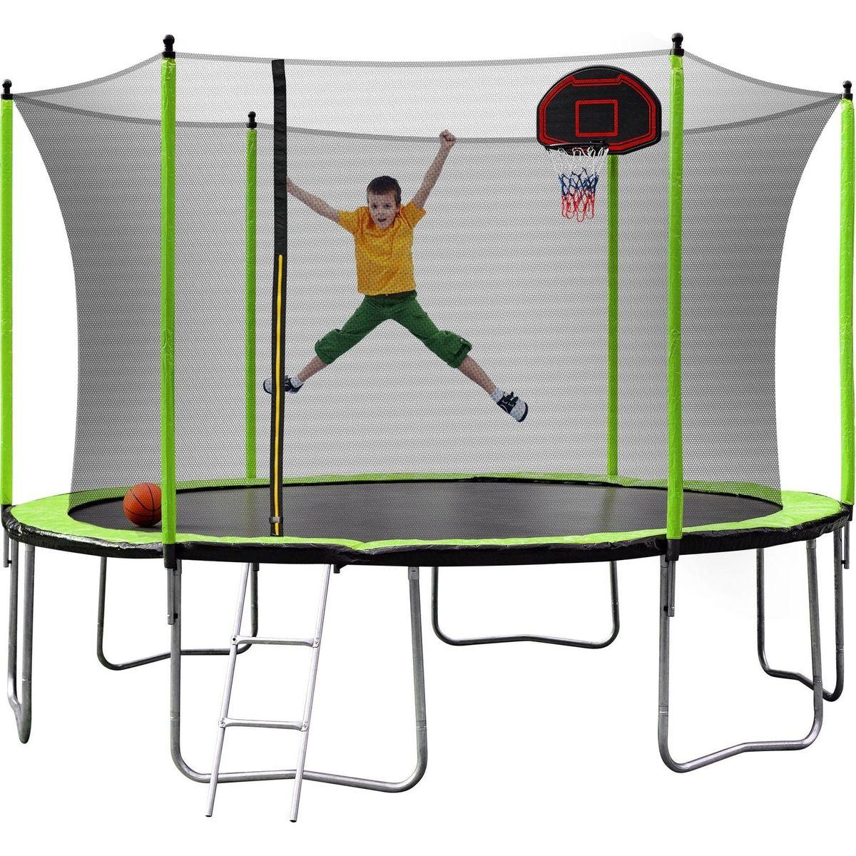 14FT Trampoline with Basketball Hoop Inflator and Ladder (Inner Safety Enclosure) Green - Streamdale Furniture