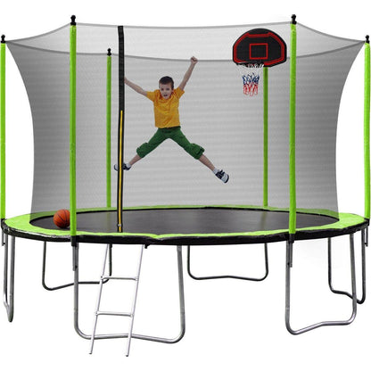 14FT Trampoline with Basketball Hoop Inflator and Ladder (Inner Safety Enclosure) Green - Streamdale Furniture