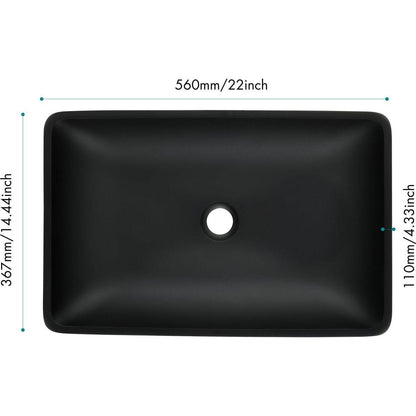 14.38" L -22.25" W -4-3/8 in. H Matte Shell Glass Rectangular Vessel Bathroom Sink in Black with Faucet and Pop-Up Drain in Matte Black