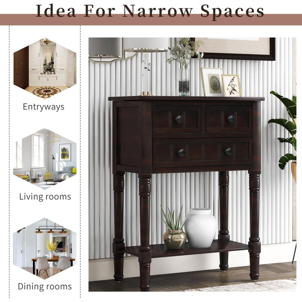 Narrow Console Table, Slim Sofa Table with Three Storage Drawers and Bottom Shelf for Living Room, Easy Assembly (Espresso) - Streamdale Furniture
