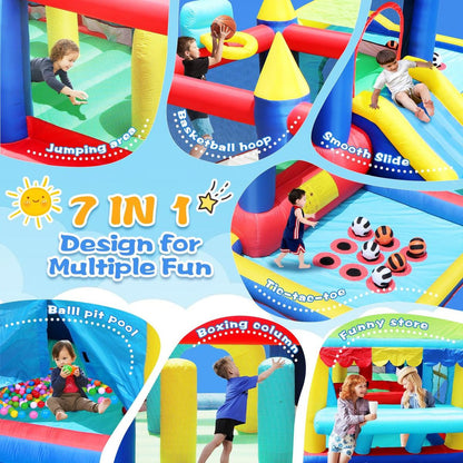 7 in 1 Inflatable Bounce House, Bouncy House with Ball Pit for Kids Indoor Outdoor Party Family Fun, Obstacles, Toddler Jump Bouncy Castle with Ball Pit for Birthday Party Gifts - Streamdale Furniture