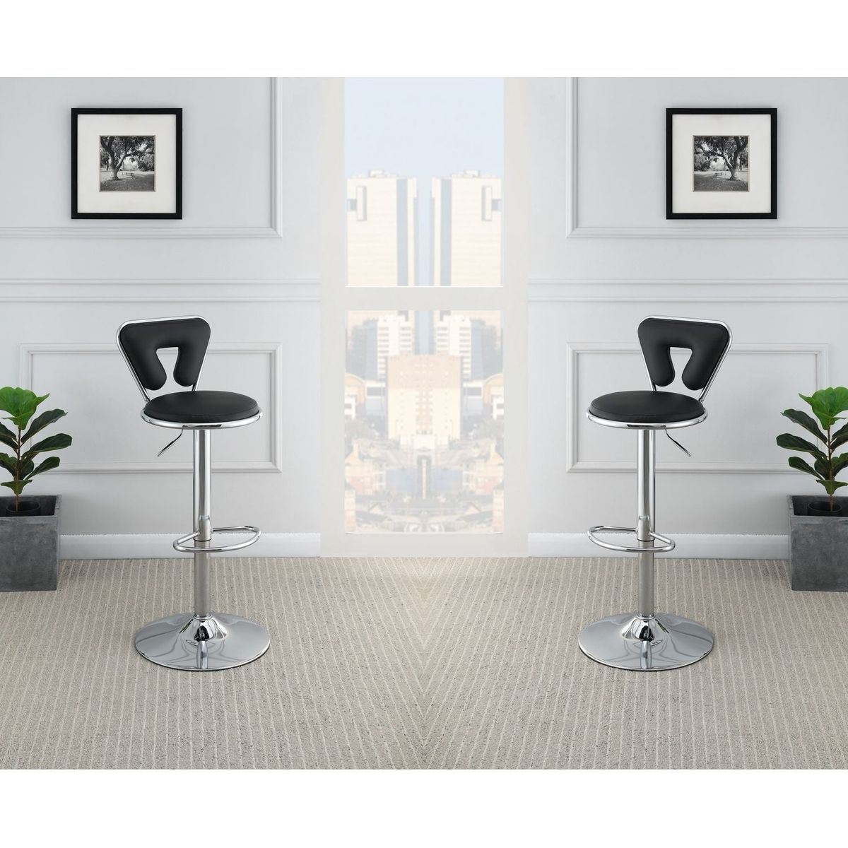 Adjustable Bar stool Gas lift Chair Black Faux Leather Chrome Base metal frame Modern Stylish Set of 2 Chairs