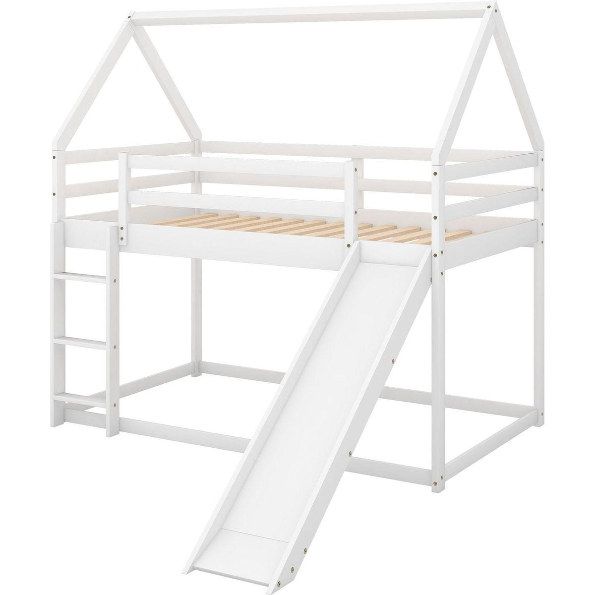 Twin Size Bunk House Bed with Slide and Ladder, White