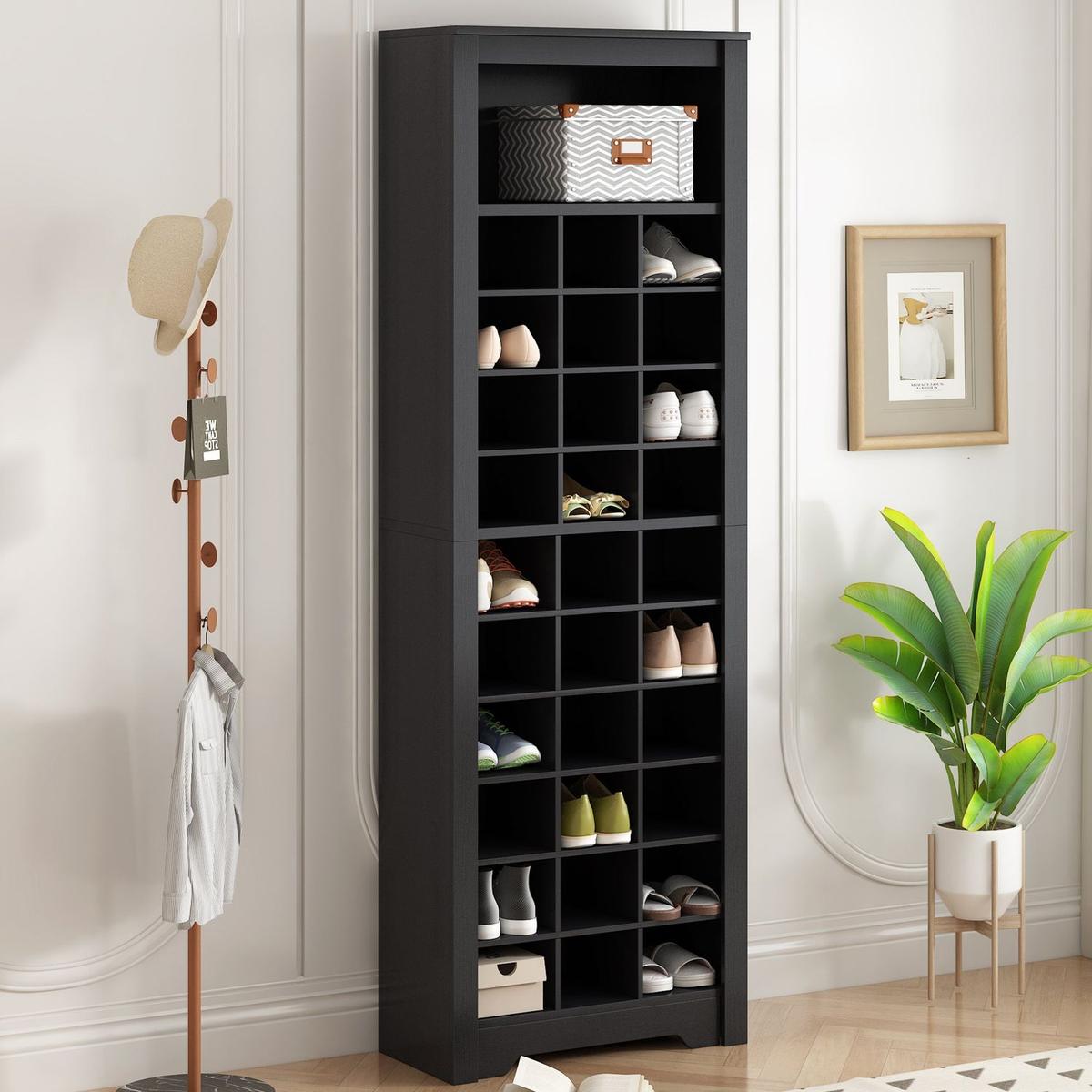 Stylish Design 30 Shoe Cubby Console, Contemporary Shoe Cabinet with Multiple Storage Capacity, Free Standing Tall Cabinet with Versatile Use for Hallway, Bedroom, Black