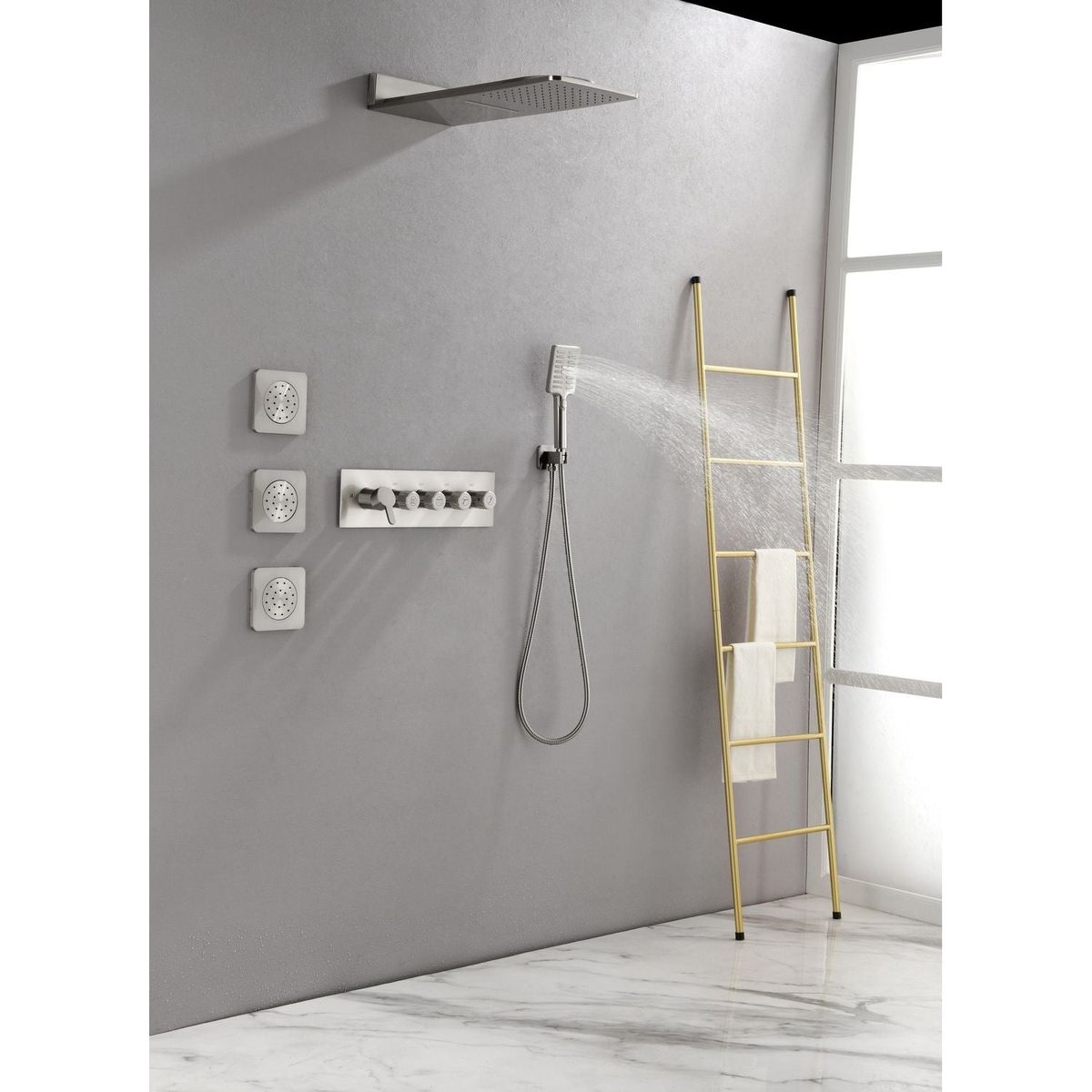 Wall Mounted Waterfall Rain Shower System With 3 Body Sprays & Handheld Shower