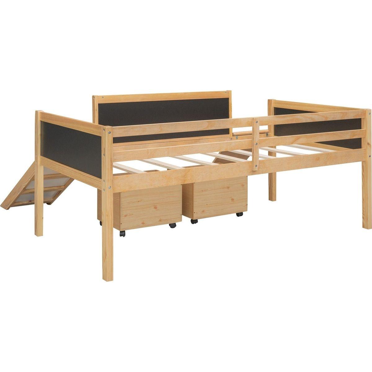 Twin size Loft Bed Wood Bed with Two Storage Boxes - Natrual ()