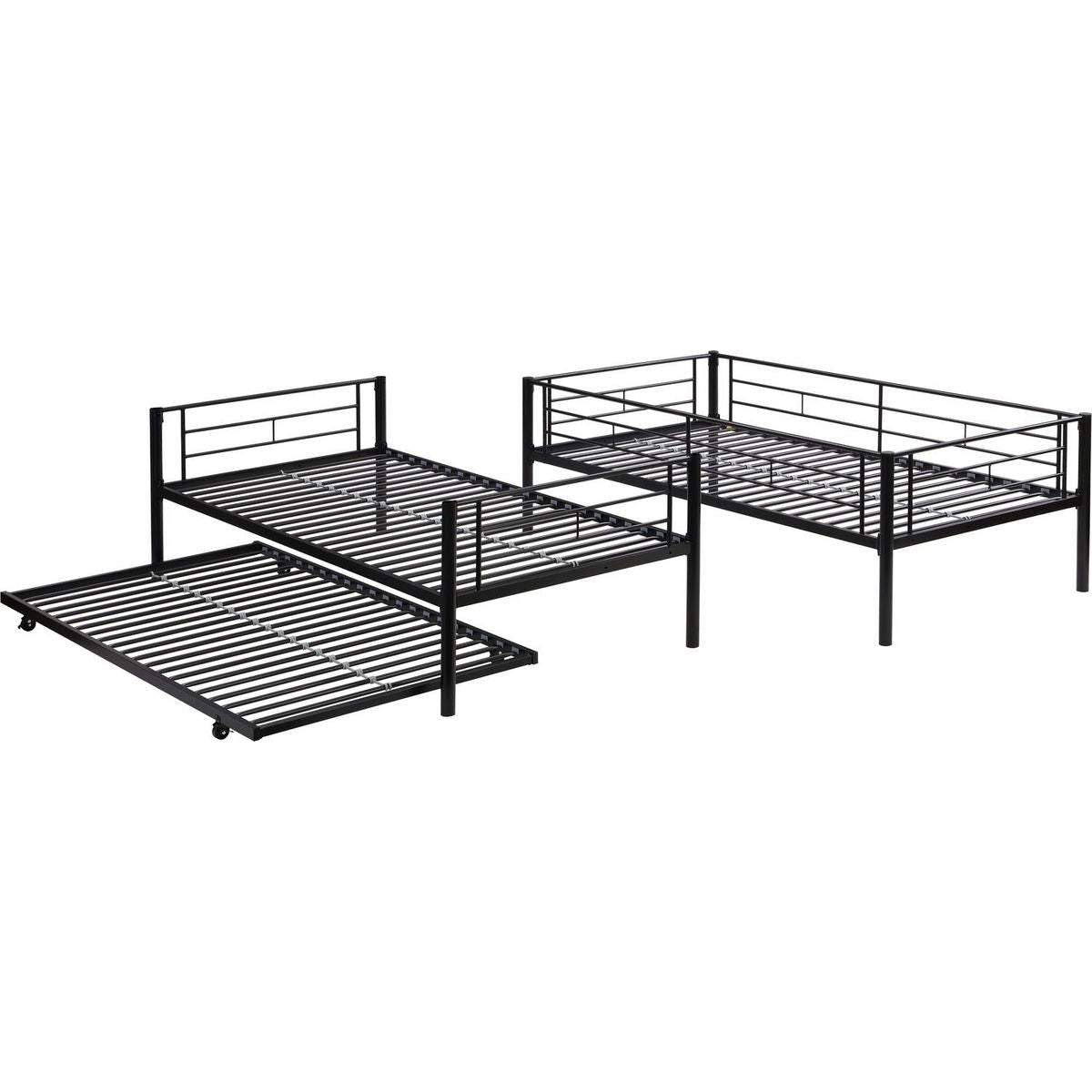 Over Twin Bunk Bed Frame with Trundle,Metal Bunkbed with Sturdy Guard Rail and 2 sideLadders for Kids/Adults,Can be Divided Into Two Beds, No Box Spring Needed, Noise Free for Dorm,Black