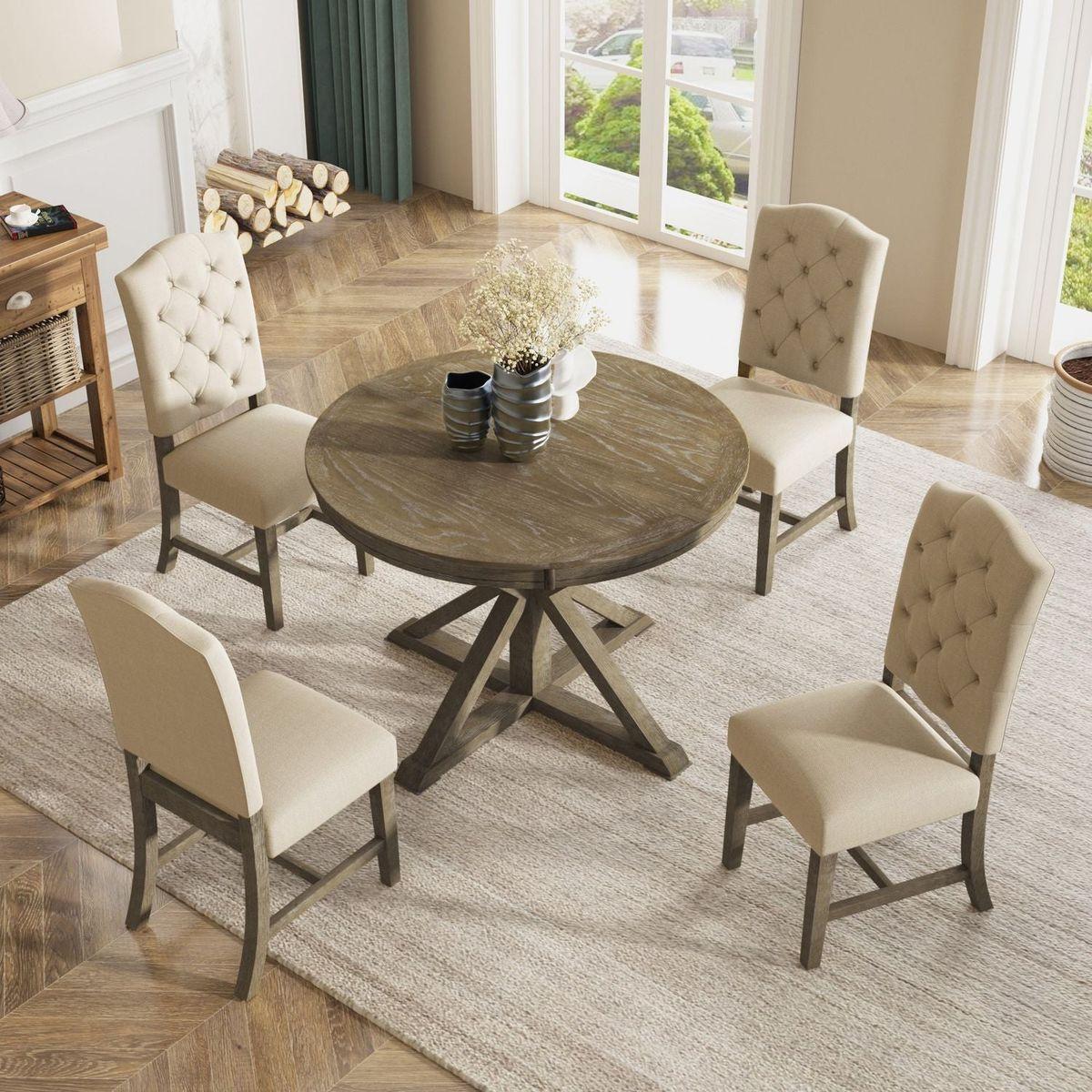 Functional Furniture Retro Style Dining Table Set with Extendable Table and 4 Upholstered Chairs for Dining Room and Living Room (Natural Wood Wash)