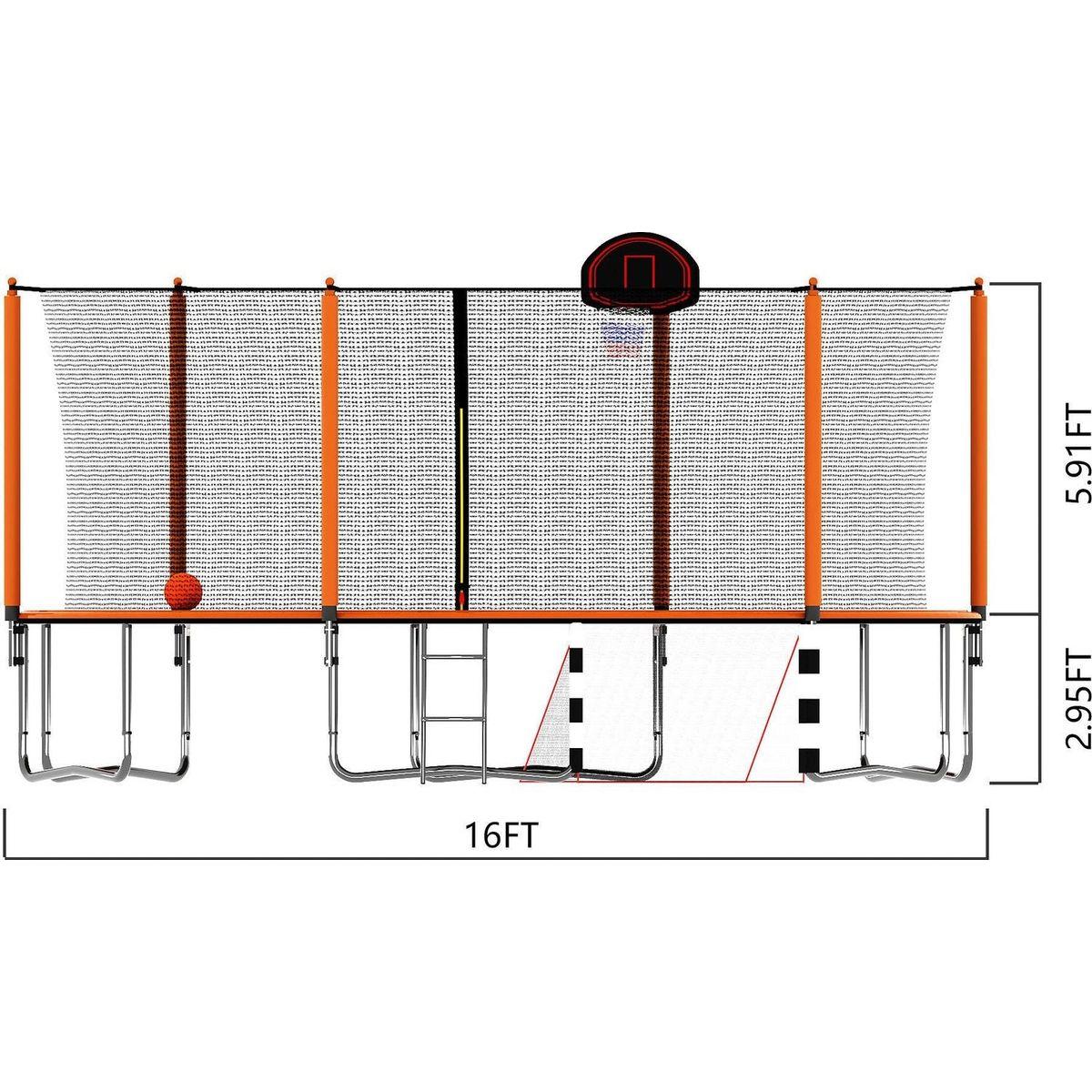 16FT Trampoline with Basketball Hoop pump and Ladder(Inner Safety Enclosure) with soccer goal orange