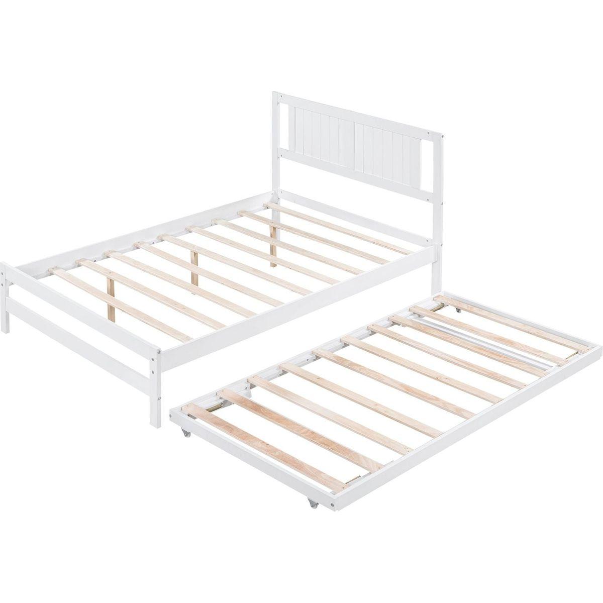 Full Size Platform Bed with Adjustable Trundle, White