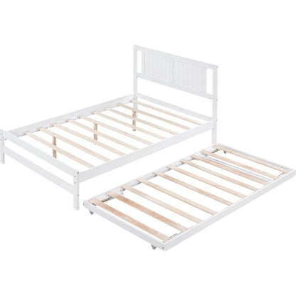Full Size Platform Bed with Adjustable Trundle, White