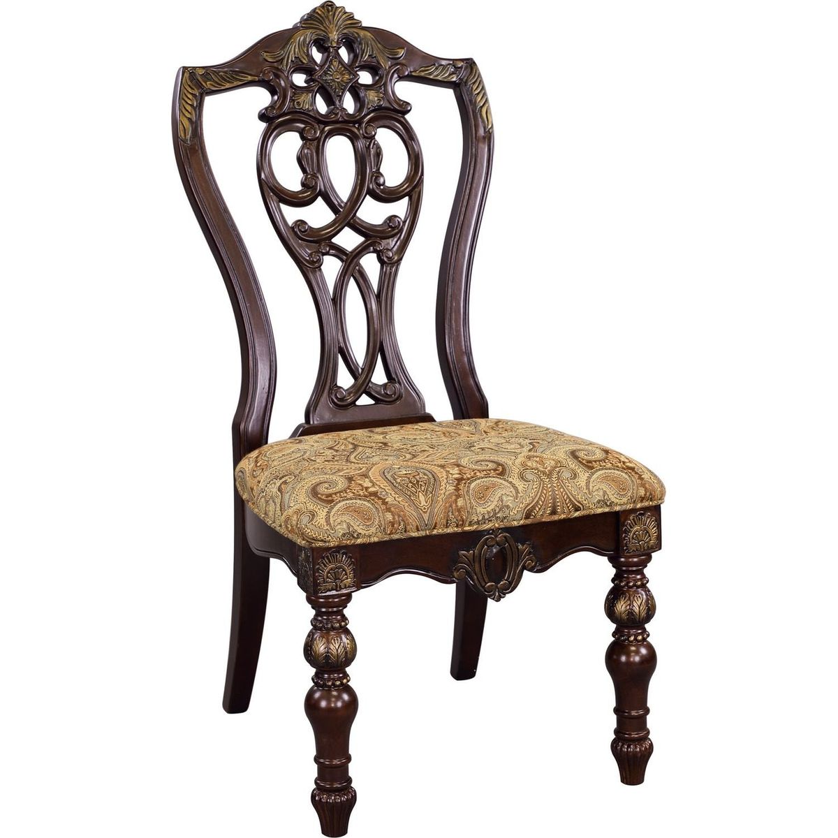 Formal Traditional Dining Chairs 2pc Set Dark Cherry Finish with Gold Tipping Jacquard Fabric Upholstered Extravagant Carving Dining Room Furniture