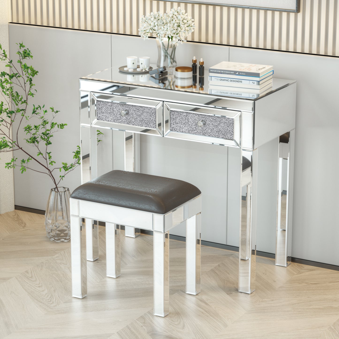 Mirrored Vanity Stool Makeup Bench with Pu Leather, Dressing Chair Cushioned Modern Piano Seat for Bedroom Living Room Silve