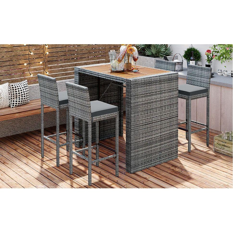 GO 5-pieces Outdoor Patio Wicker Bar Set, Bar Height Chairs With Non-Slip Feet And Fixed Rope, Removable Cushion, Acacia Wood Table Top, Brown Wood And Gray Wicker