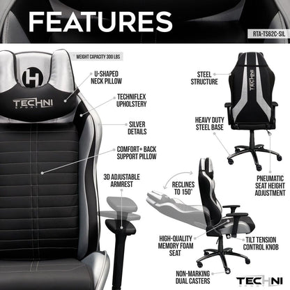 Techni Sport Ergonomic Racing Style Gaming Chair - Silver