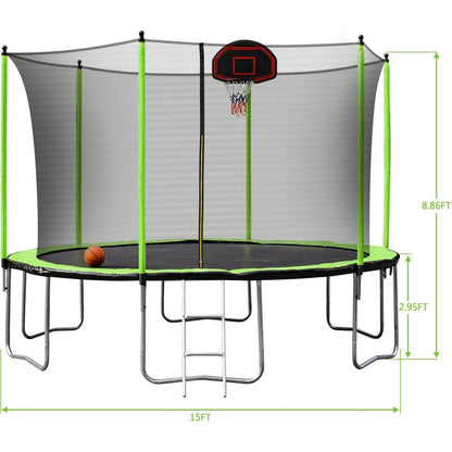 15FT Trampoline with Basketball Hoop Inflator and Ladder(Inner Safety Enclosure) Green