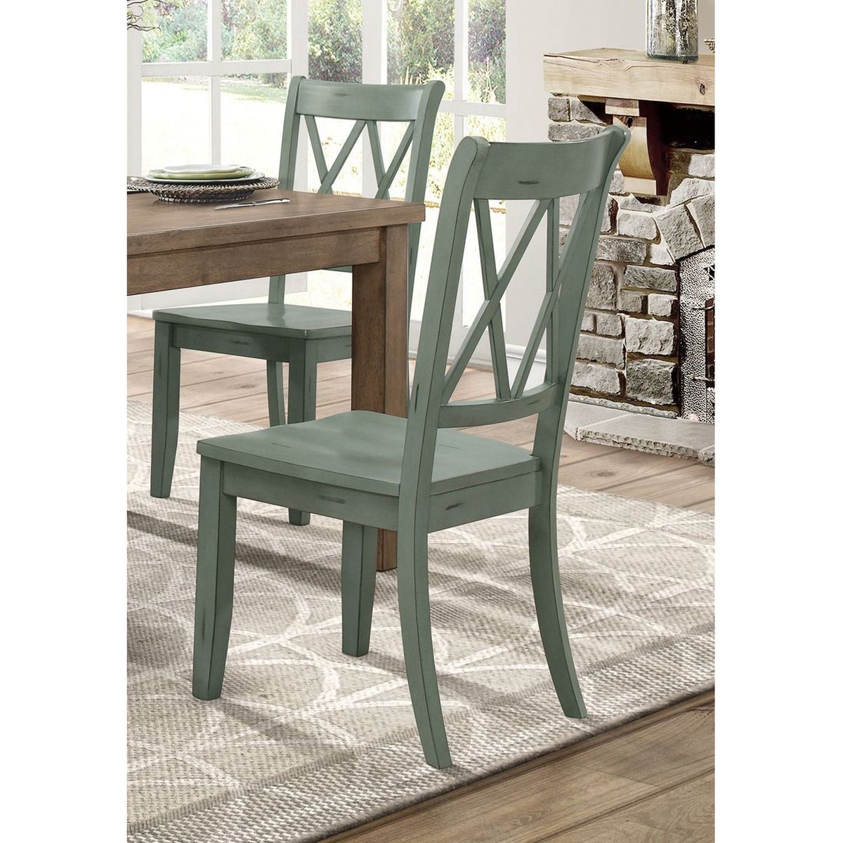 Casual Teal Finish Chairs Set of 2 Pine Veneer Transitional Double-X Back Design Dining Room Chairs