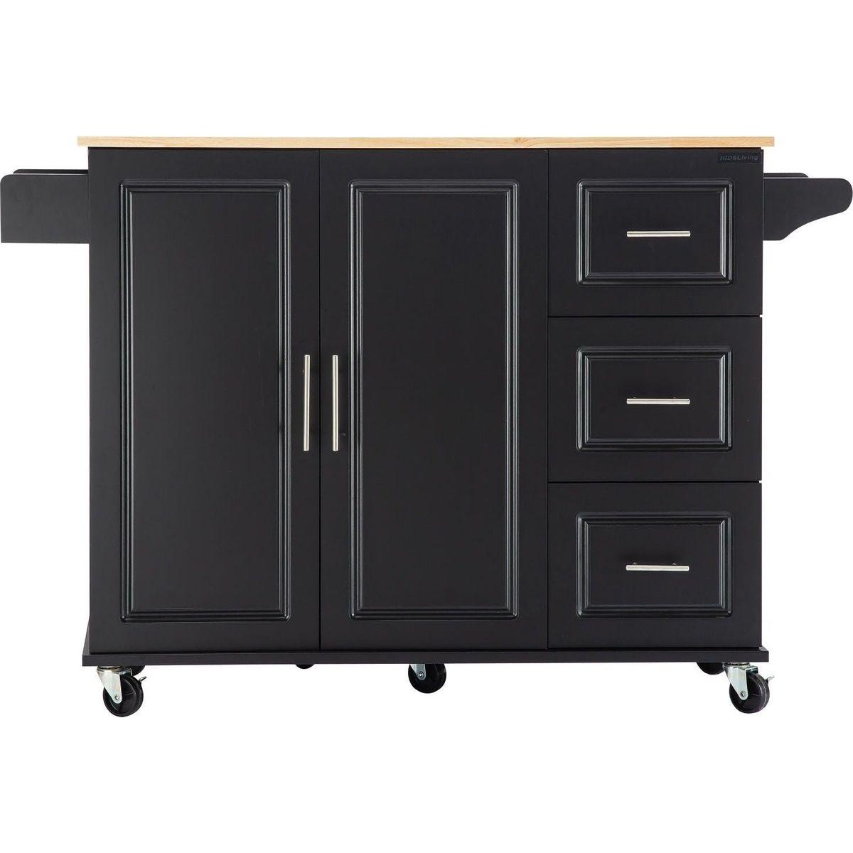 Kitchen Island & Kitchen Cart, Mobile Kitchen Island with Extensible Rubber Wood Table Top, adjustable Shelf Inside Cabinet, 3 Big Drawers, with Spice Rack, Towel Rack, Black-Beech .