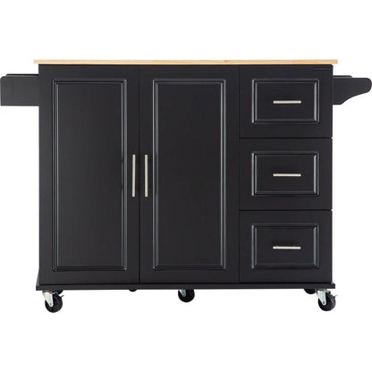 Kitchen Island & Kitchen Cart, Mobile Kitchen Island with Extensible Rubber Wood Table Top, adjustable Shelf Inside Cabinet, 3 Big Drawers, with Spice Rack, Towel Rack, Black-Beech .