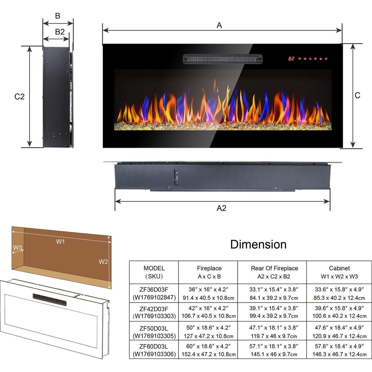 50 inch recessed ultra thin tempered glass front wall mounted electric fireplace with remote and multi color flame & emberbed, LED light heater