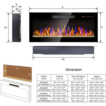 50 inch recessed ultra thin tempered glass front wall mounted electric fireplace with remote and multi color flame & emberbed, LED light heater