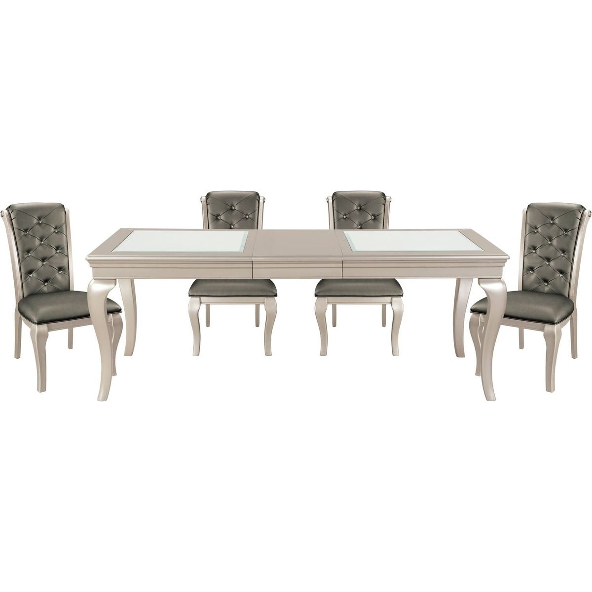 Crystal Button-Tufted Side Chairs 2pc Set Silver Finish Wood Frame Gray Faux Leather Upholstered Dining Furniture