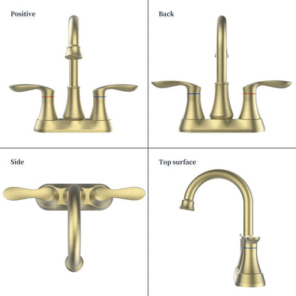 Bathroom Faucet Brushed Gold with Pop up Drain & Supply Hoses 2-Handle 360 Degree High Arc Swivel Spout Centerset 4 Inch Vanity Sink Faucet