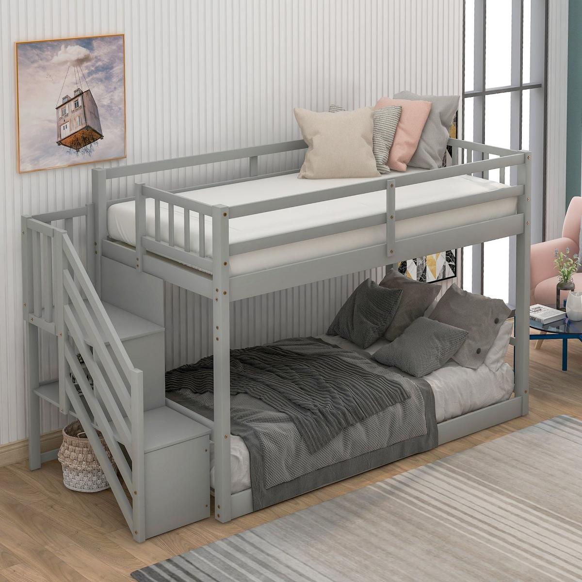 Twin over Twin Floor Bunk Bed, Ladder with Storage, Gray - Streamdale Furniture