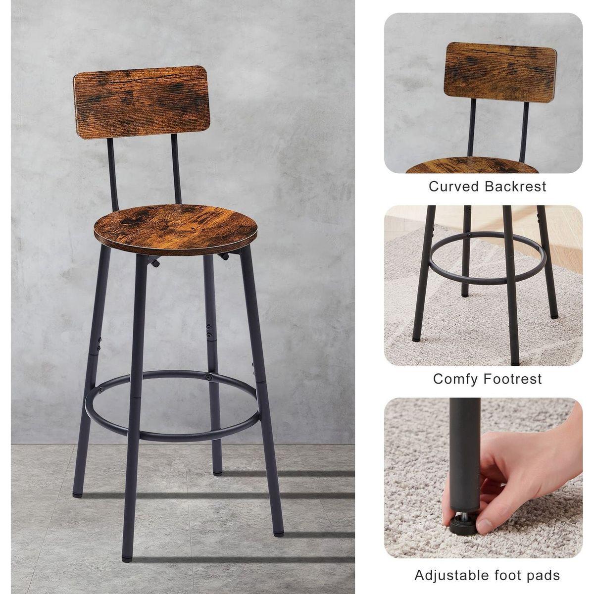 Round bar stool set with shelves, stool with backrest Rustic Brown, 23.6" Dia x 35.4" H - Streamdale Furniture