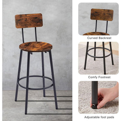 Round bar stool set with shelves, stool with backrest Rustic Brown, 23.6" Dia x 35.4" H - Streamdale Furniture