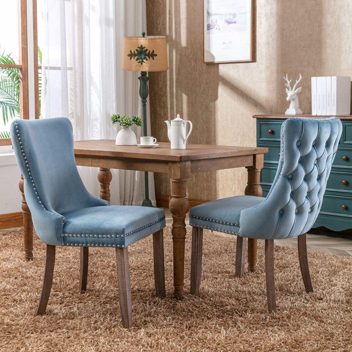 Upholstered Wing-Back Dining Chair with Backstitching Nailhead Trim and Solid Wood Legs, Set of 2, Light Blue, 8809LB, KD