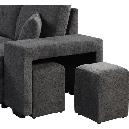 Reversible Sleeper Sectional Sofa Bed with Side Shelf and 2 Stools, Pull-Out L-Shaped Sofa Bed, Corner Sofa-Bed with Storage Chaise Left/Right Hande for Living Room, Blue Black