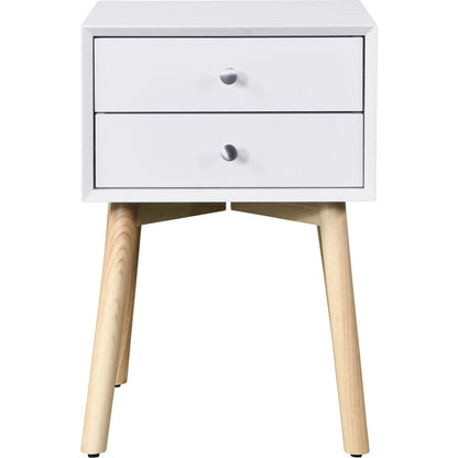 Side Table, Bedside Table with 2 Drawers and Rubber Wood Legs, Mid-Century Modern Storage Cabinet for Bedroom Living Room, White