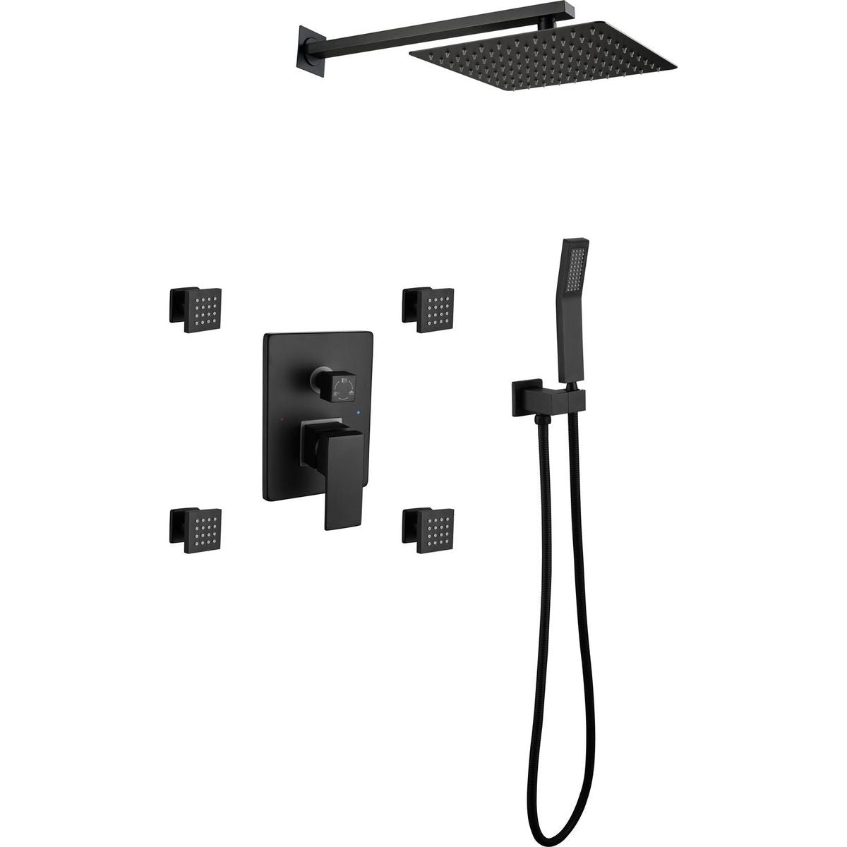 Shower System, 10-Inch Matte Black Full Body Shower System with Body Jets, Square Rainfall Shower Head, Handheld Shower, and 3 Functions Pressure Balance Shower Valve, Bathroom Luxury Faucet Set.