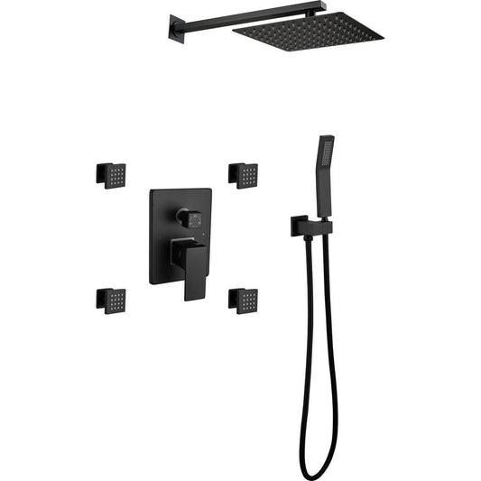 Shower System, 10-Inch Matte Black Full Body Shower System with Body Jets, Square Rainfall Shower Head, Handheld Shower, and 3 Functions Pressure Balance Shower Valve, Bathroom Luxury Faucet Set.