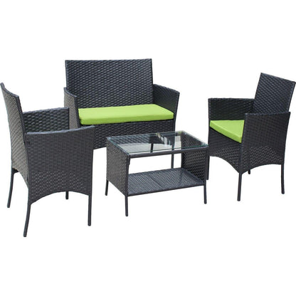 4 PC Rattan Patio Furniture Set Outdoor Patio Cushioned Seat Wicker Sofa (green Cushion)