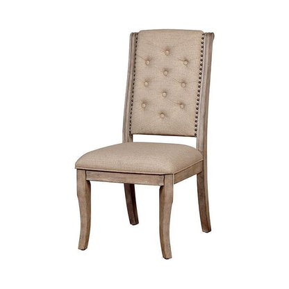 Natural Rustic Tone Set of 2 Dining Chairs Beige Fabric Tufted back Chairs Nailhead trim Upholstered Seat Glam Transitional