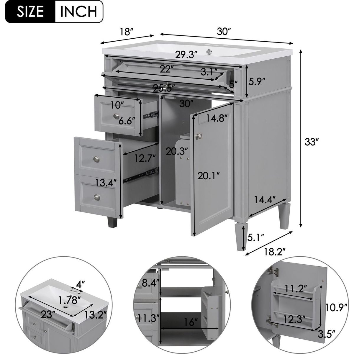 30" Bathroom Vanity with Top Sink, Modern Bathroom Storage Cabinet with 2 Drawers and a Tip-out Drawer, Single Sink Bathroom Vanity