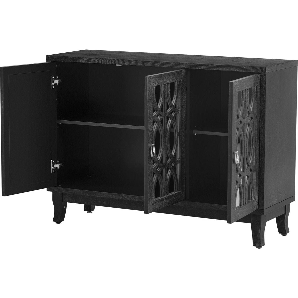 Sideboard with Glass Doors, 3 Door Mirrored Buffet Cabinet with Silver Handle for Living Room, Hallway, Dining Room (Black)