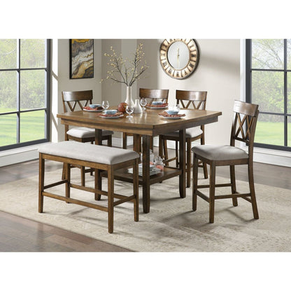 Wooden Frame Counter Height Bench Light Oak Finish Mindy Veneer Gray Textured Fabric Upholstery Dining Room Furniture