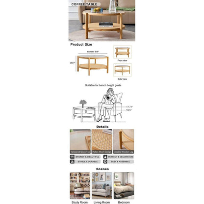 Modern simple circular double-layer solid wood tea table rattan woven Chinese side table small round table suitable for living room, dining room and bedroom