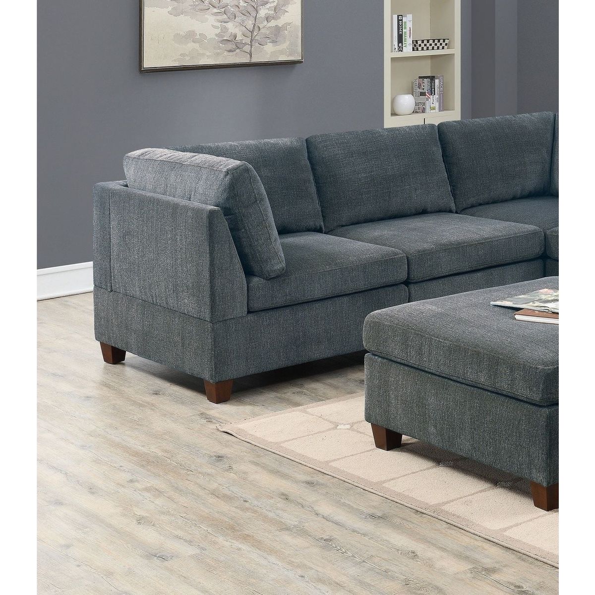 Living Room Furniture Grey Chenille Modular Sectional 6pc Set Corner Sectional Modern Couch 3x Corner Wedge 2x Armless Chairs and 1x Ottoman Plywood